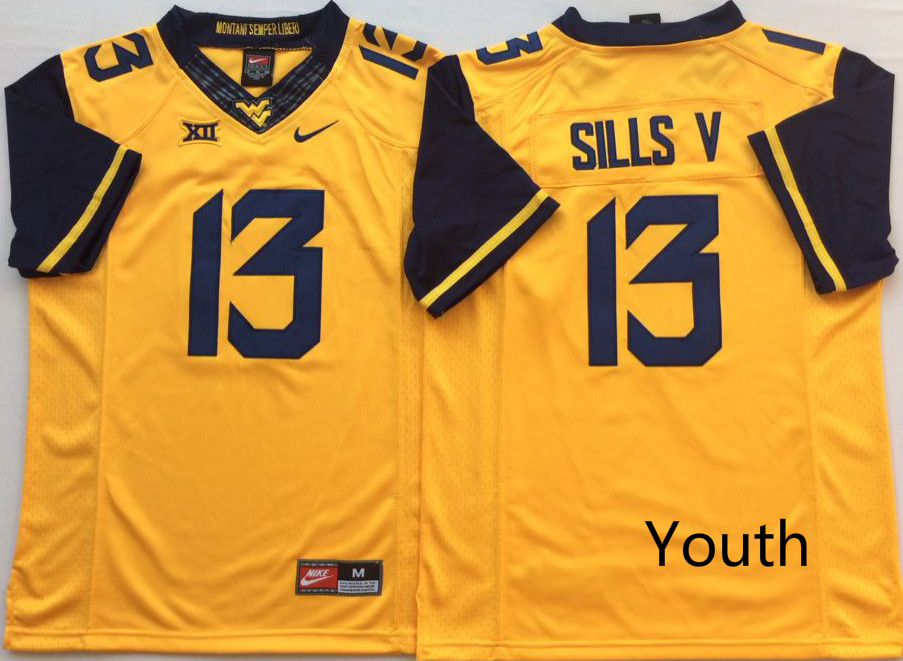 Youth West Virginia Mountaineers #13 Sills V Yellow Nike NCAA Jerseys